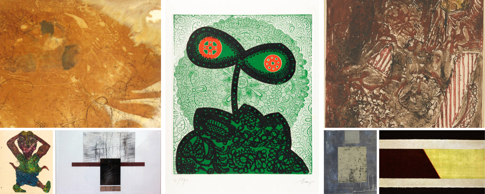 Collage of seven different images from the GVSU Art Museum Collection that showcase the printmaking technique of collographs.